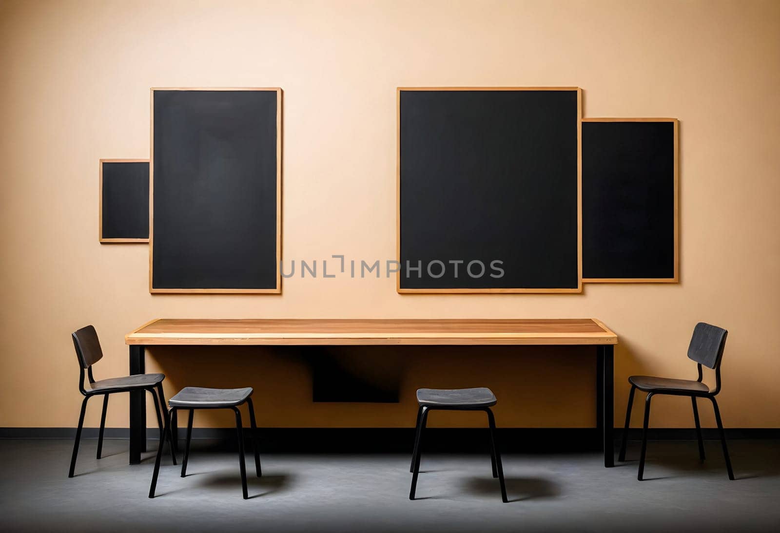 AI generated of a table with chairs and four blackboards