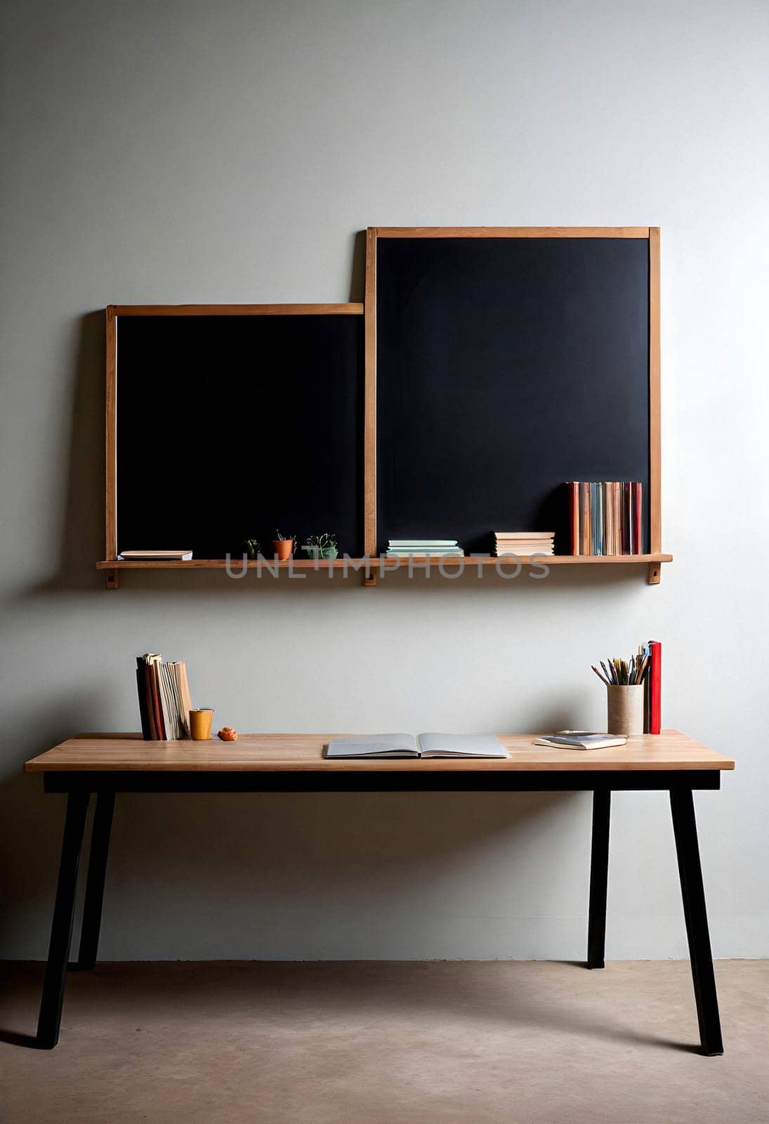 AI generated of a desk with a blackboard and books on it