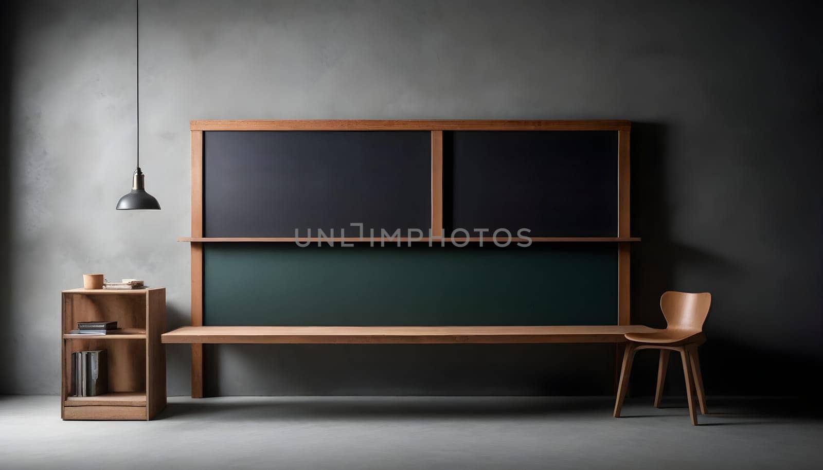 AI generated of a blackboard and chair in a room with a wall