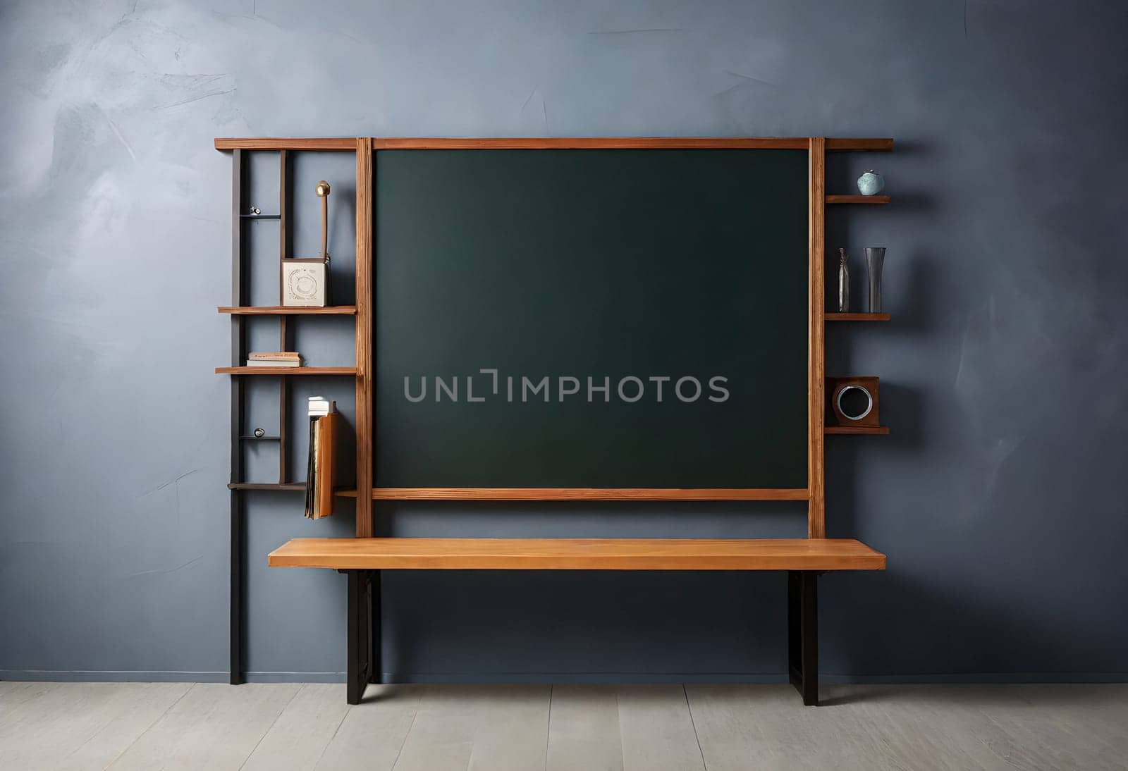 AI generated of a blackboard and a wooden bench in front of a wall