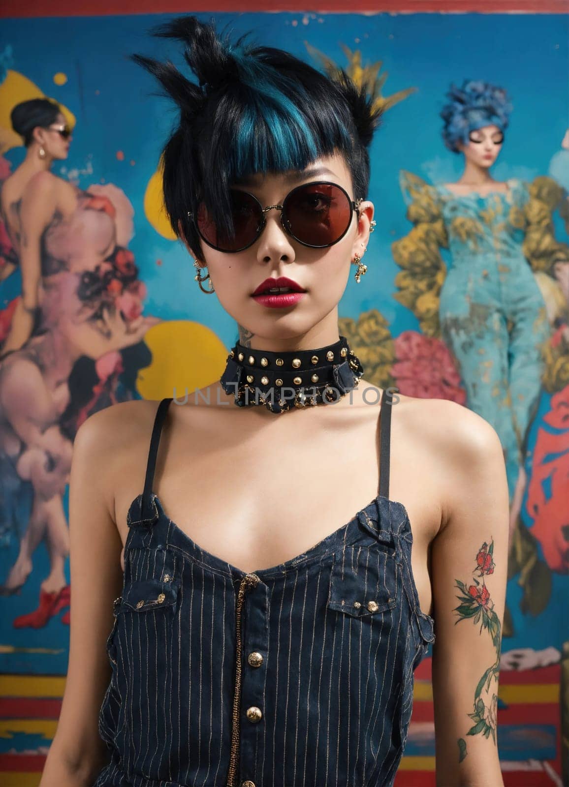 Fashion portrait of young beautiful asian woman with short hairstyle and sunglasses in a stylish dress. ai generative.