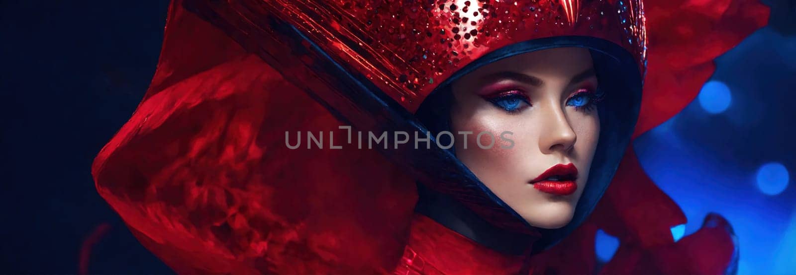 Futuristic woman with red hair in futuristic costume. ai generative.