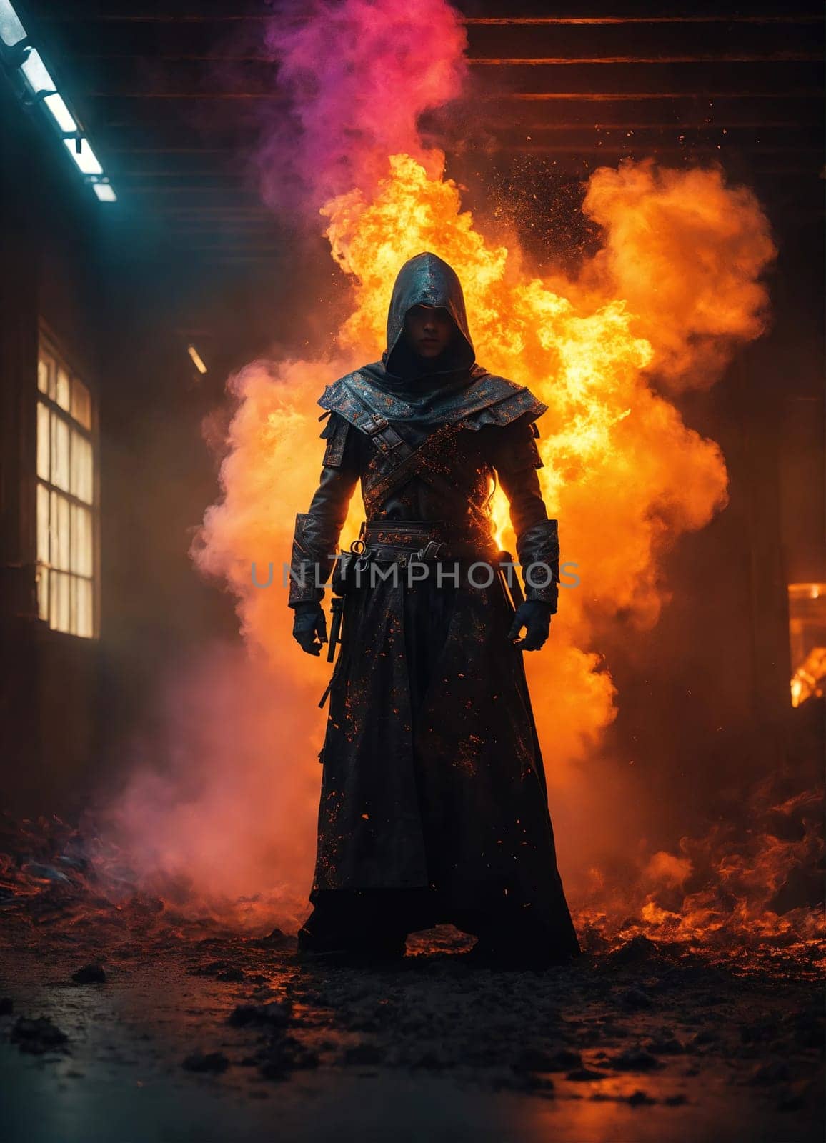 Beautiful young man with colorfull hair in colorful smoke. ai generative.