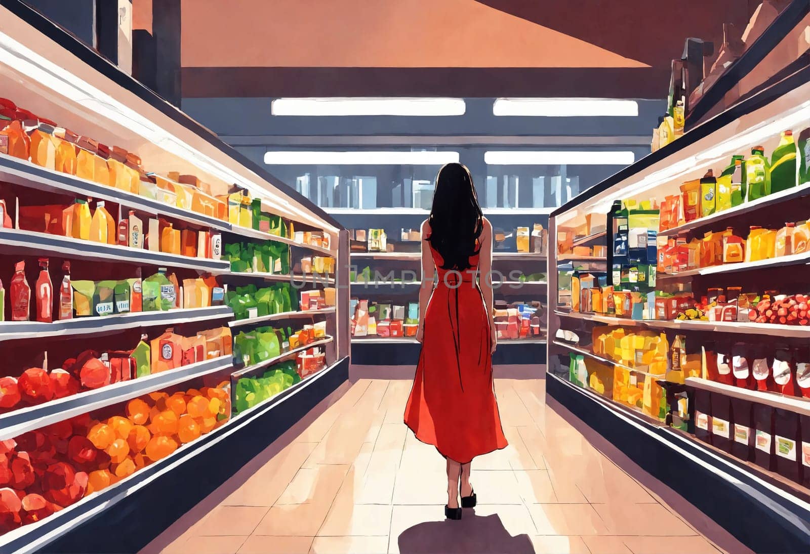 The beautiful woman is looking at the shelves to buy something from the supermarket. ai generative.