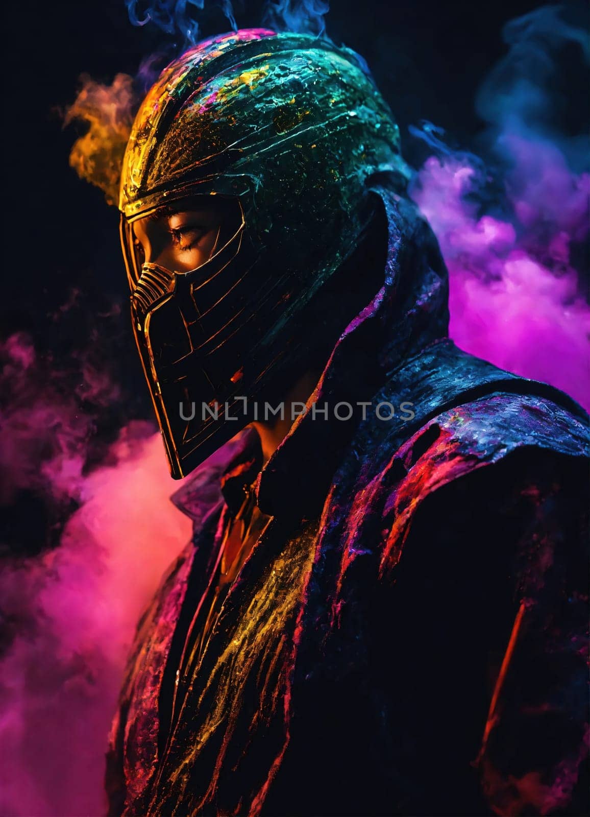 Beautiful young man with colorfull hair in colorful smoke. ai generative.
