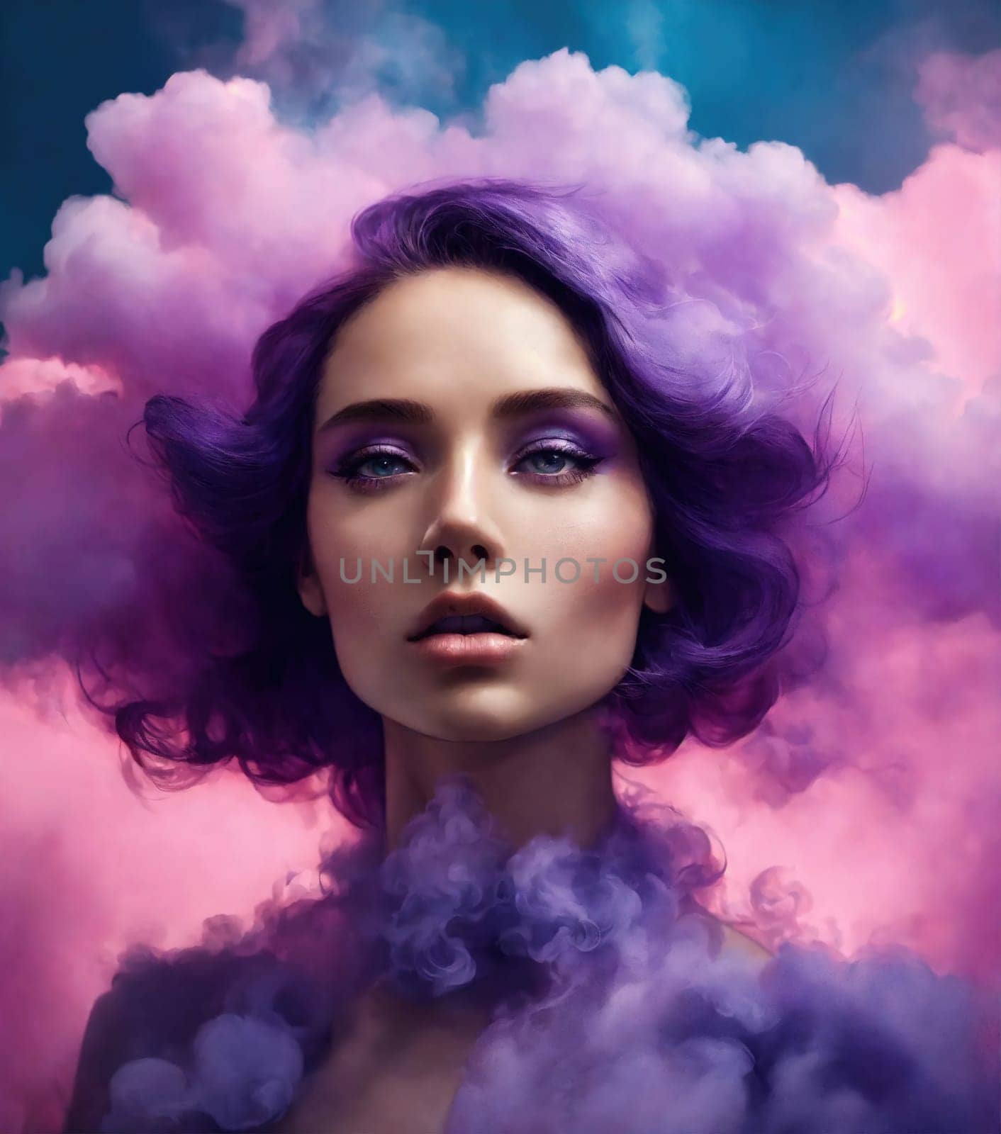 Portrait of a beautiful young woman with pink hair and smoke clouds. ai generative.
