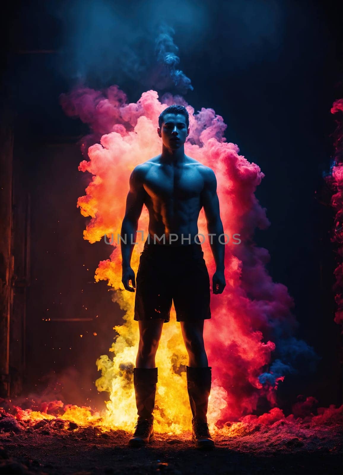 Beautiful young man with colorfull hair in colorful smoke. ai generative.