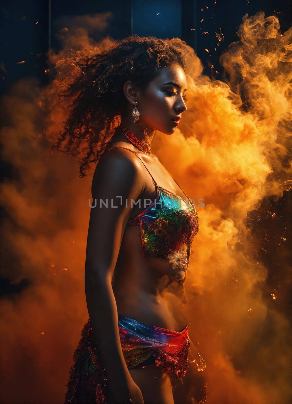 Beautiful young woman with colorfull hair in colorful smoke. ai generative.