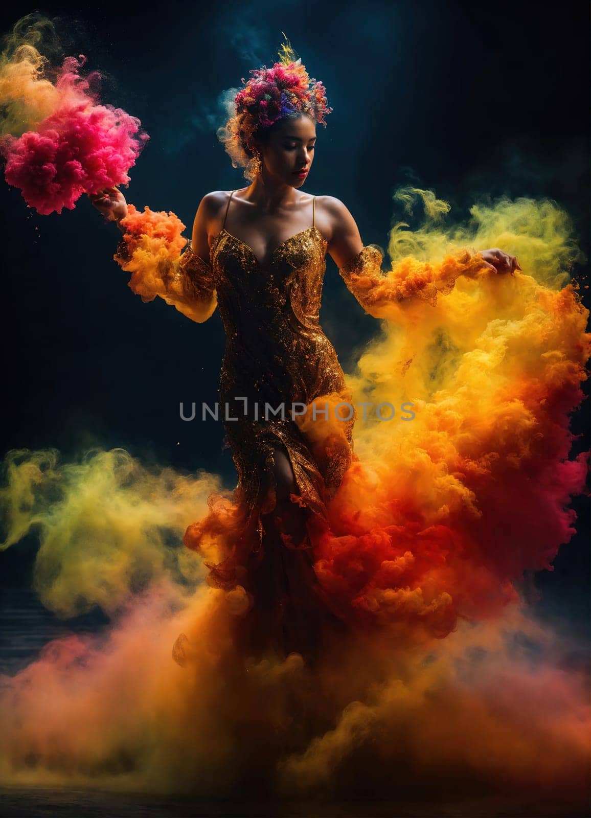 Beautiful young woman with colorfull hair in colorful smoke. ai generative.