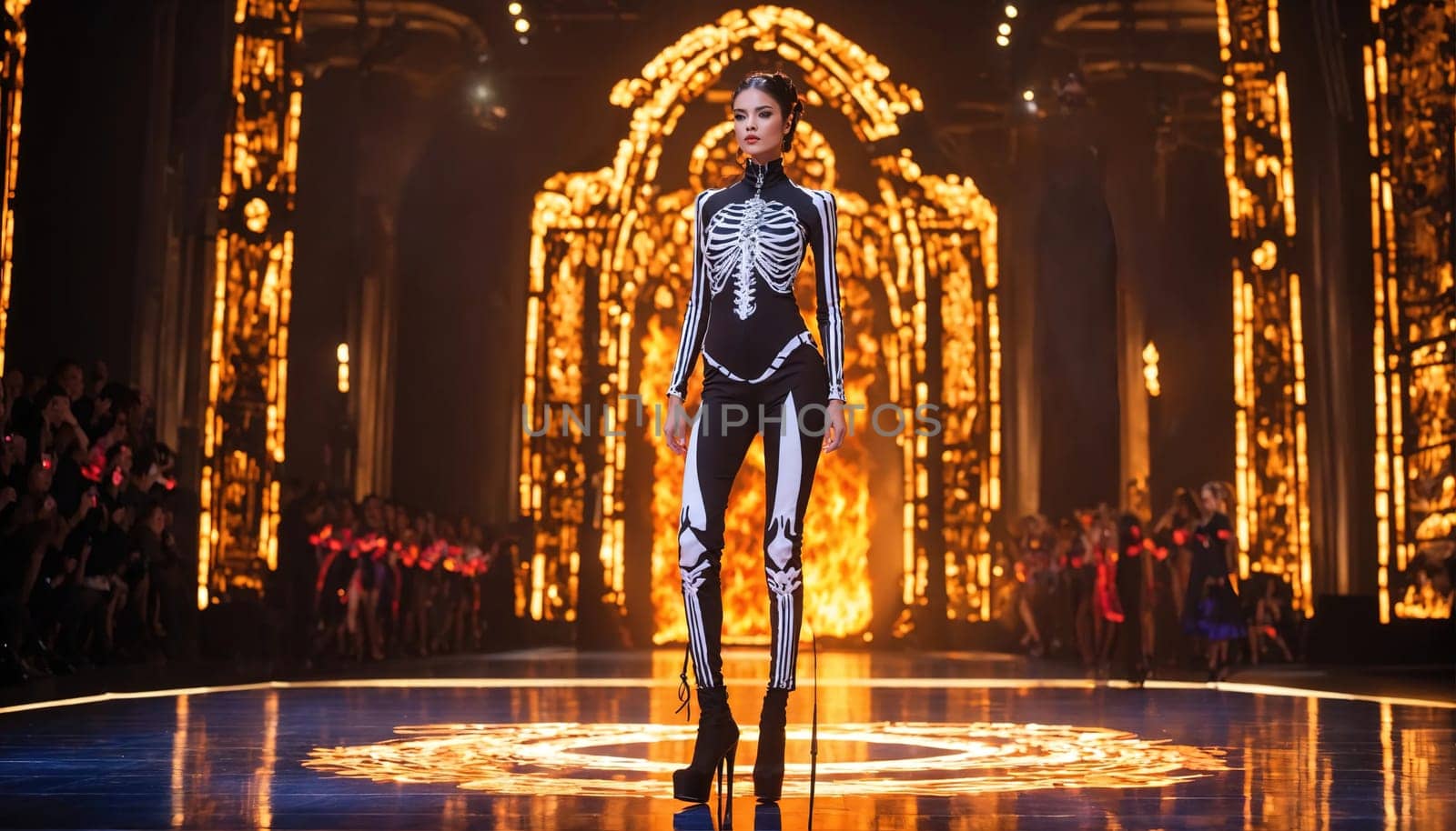 Beautiful young woman in skeleton costume posing. ai generative.