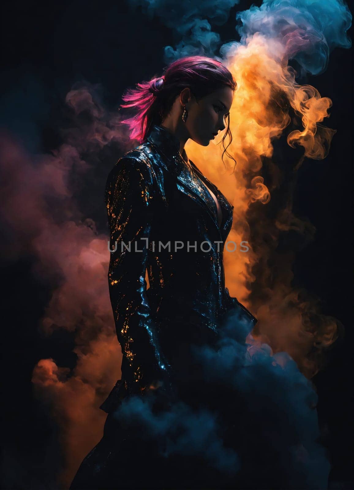 Beautiful young woman with colorfull hair in colorful smoke. ai generative.