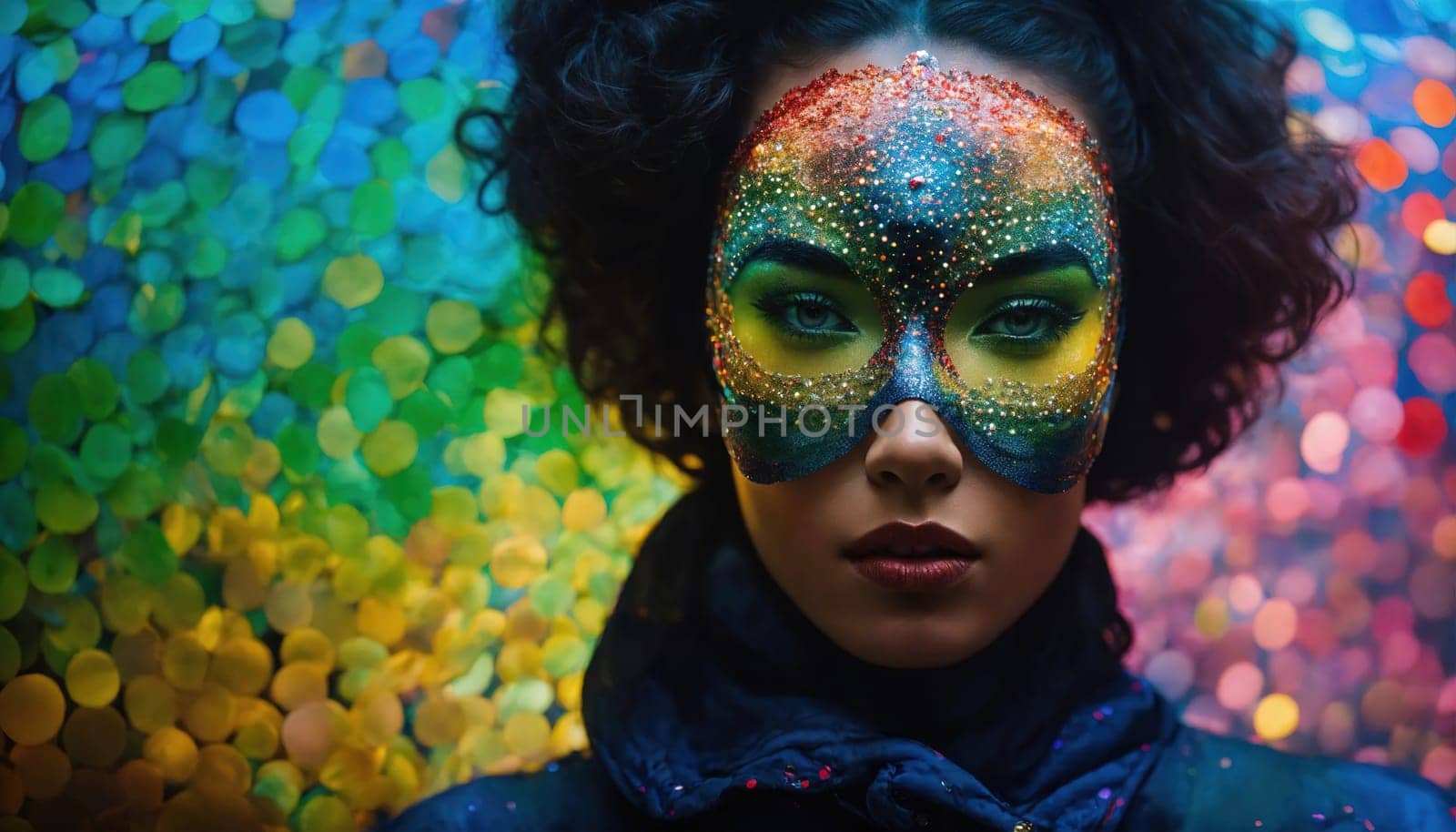 Portrait of a beautiful young woman with bright make up and Venetian mask. ai generative.