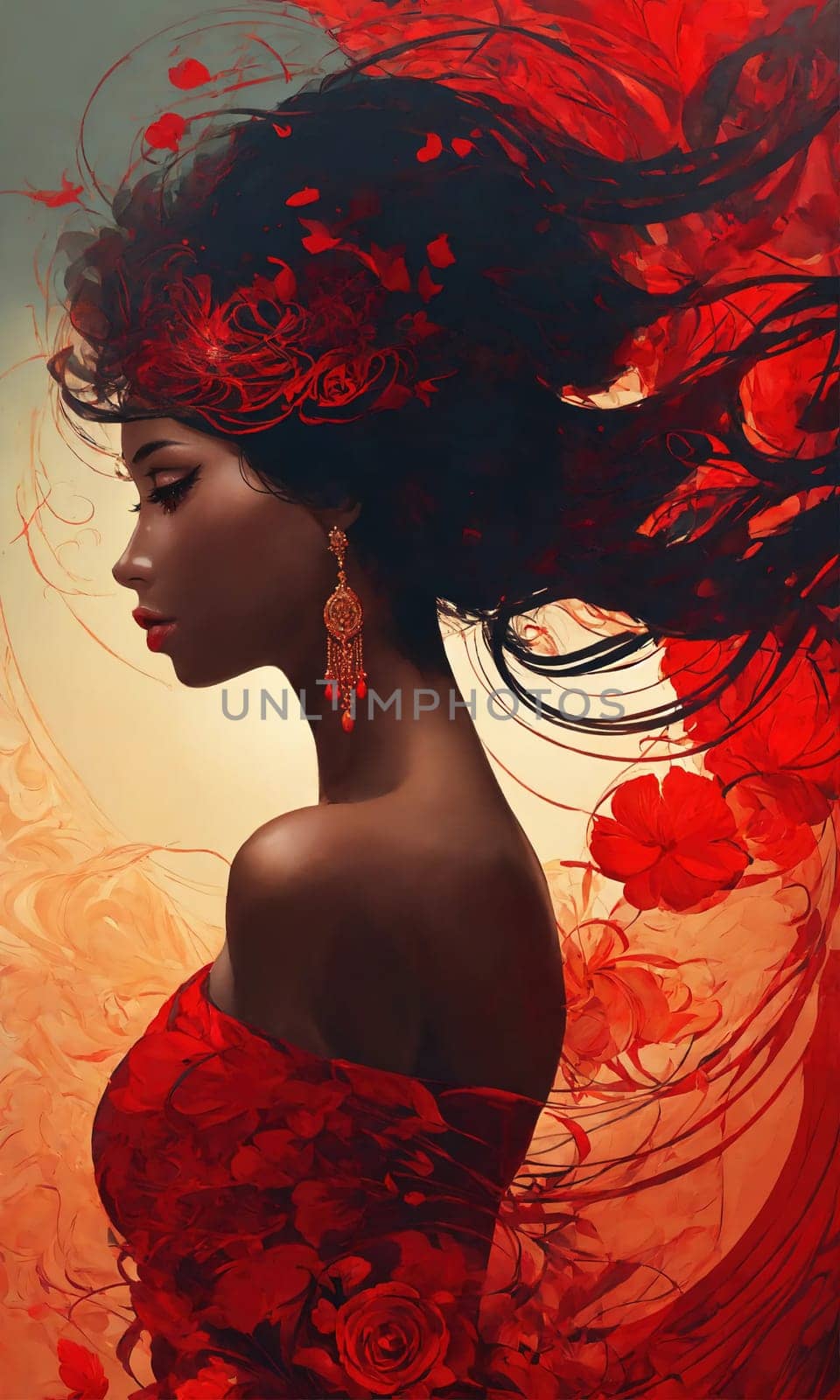 Fashion art portrait of a beautiful woman in a red dress. ai generative.