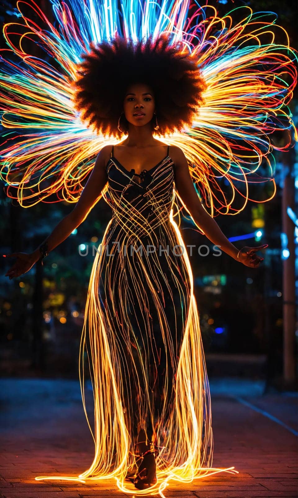 Beautiful african american woman with afro hairstyle and outlined in light. ai generative.