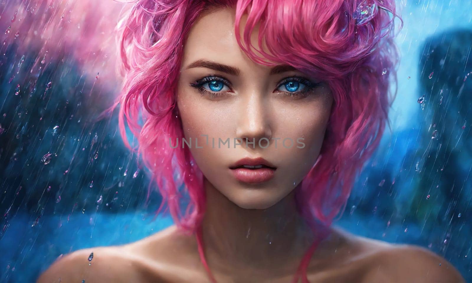 Close-up portrait of a beautiful girl with pink hair and blue eyes. ai generative.