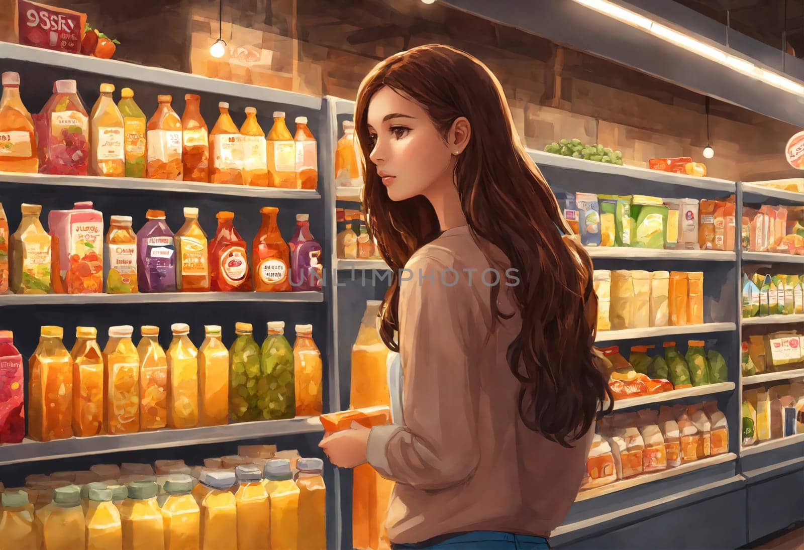 The beautiful woman is looking at the shelves to buy something from the supermarket. ai generative.
