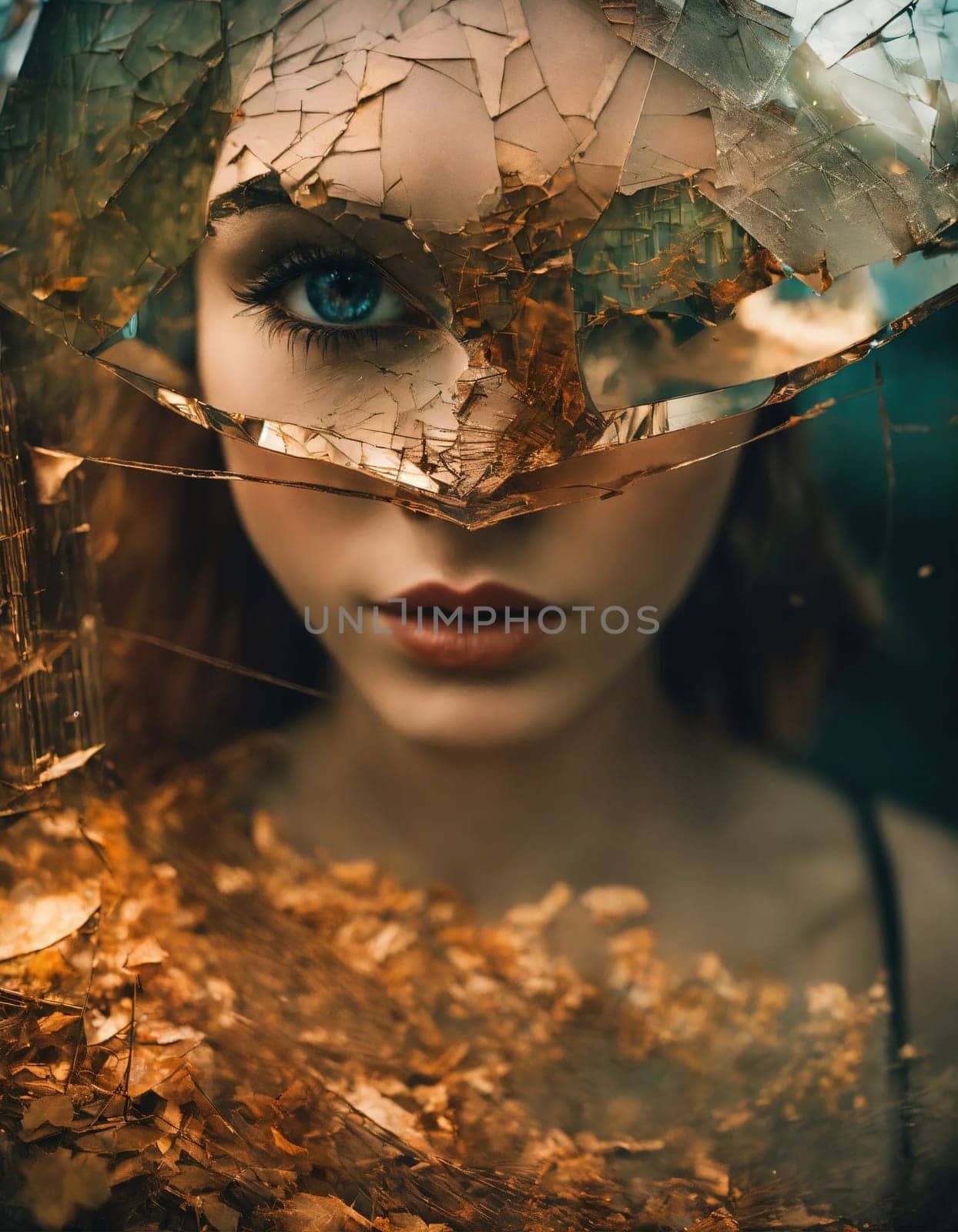 Close up shot of a beautiful woman's eye through broken glass. ai generative.