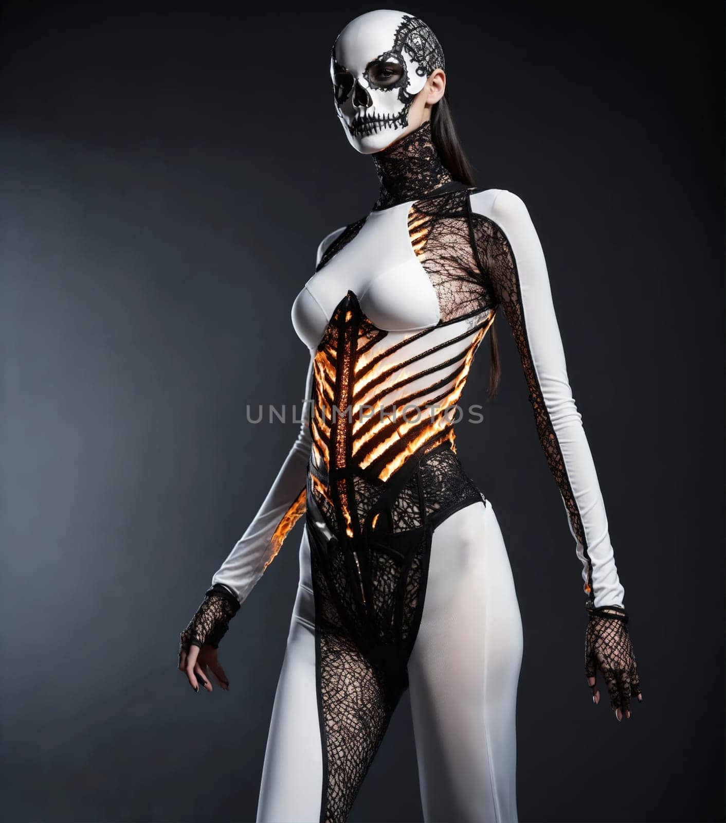 Beautiful young woman in skeleton costume posing. ai generative.