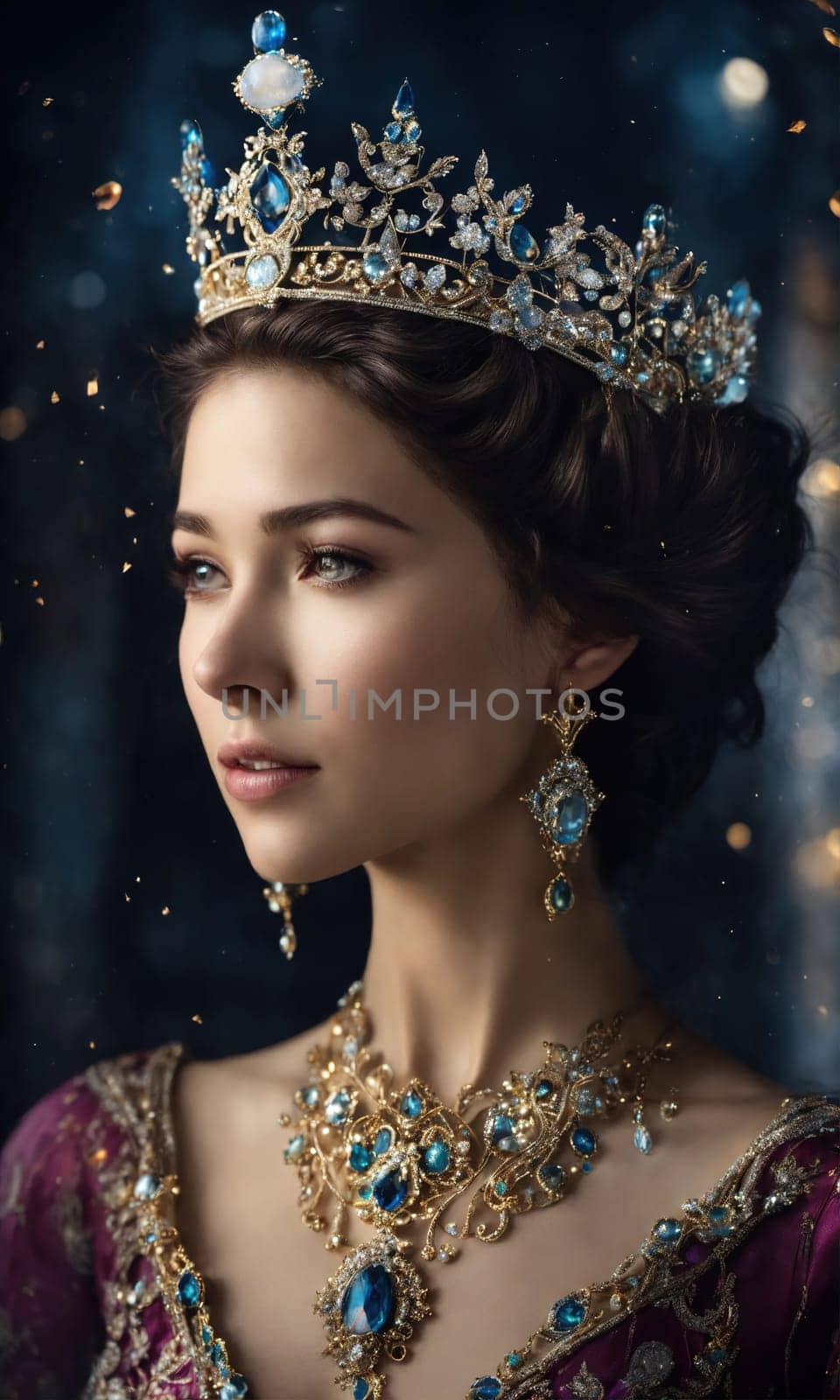 Portrait of beautiful young woman in crown. Luxury makeup and hairstyle. ai generative.