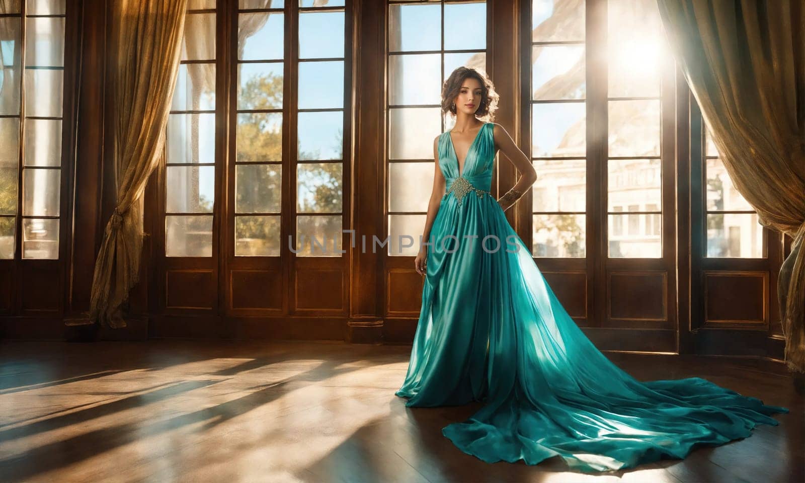 Beautiful girl in a blue evening turquoise dress posing. ai generative.