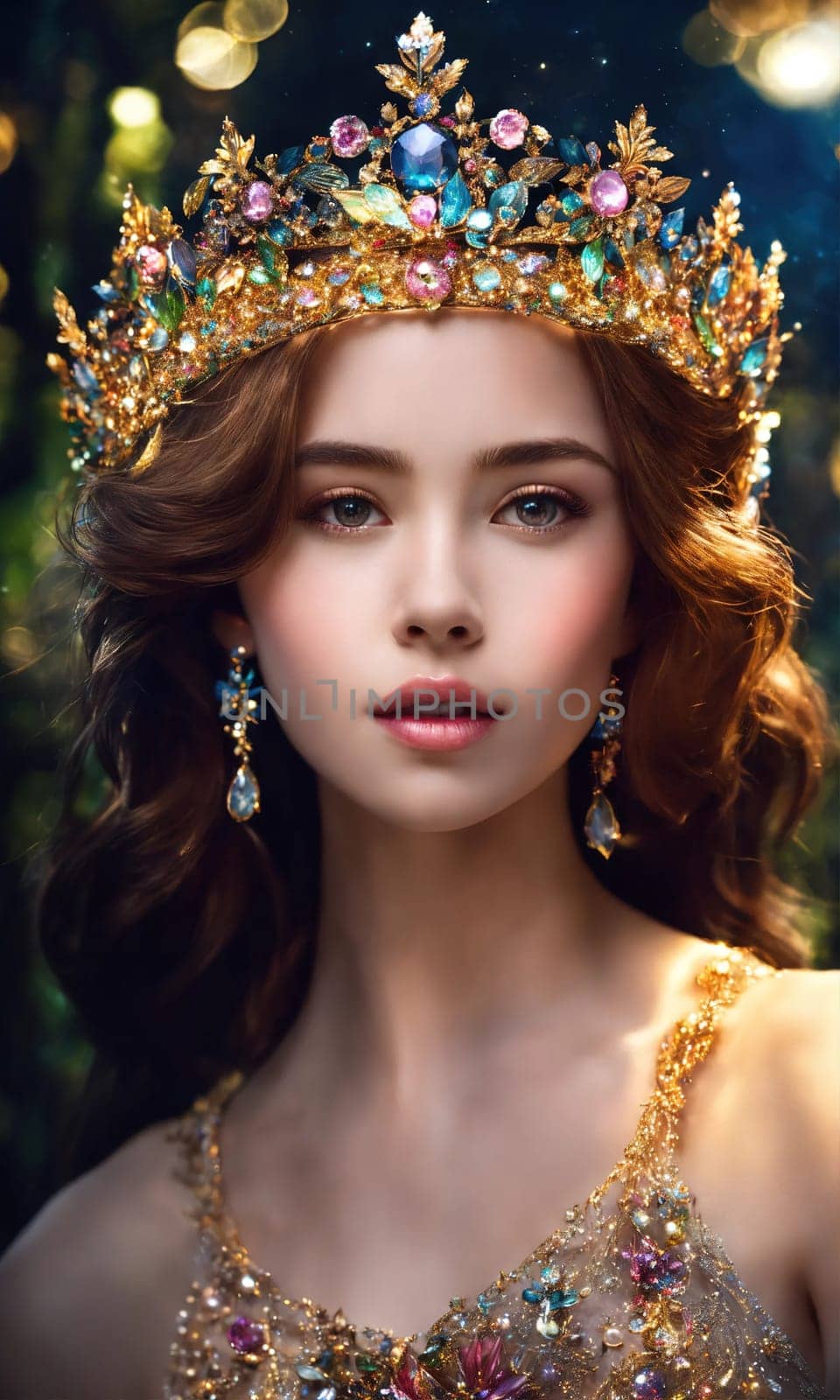 Portrait of beautiful young woman in crown. Luxury makeup and hairstyle. ai generative.
