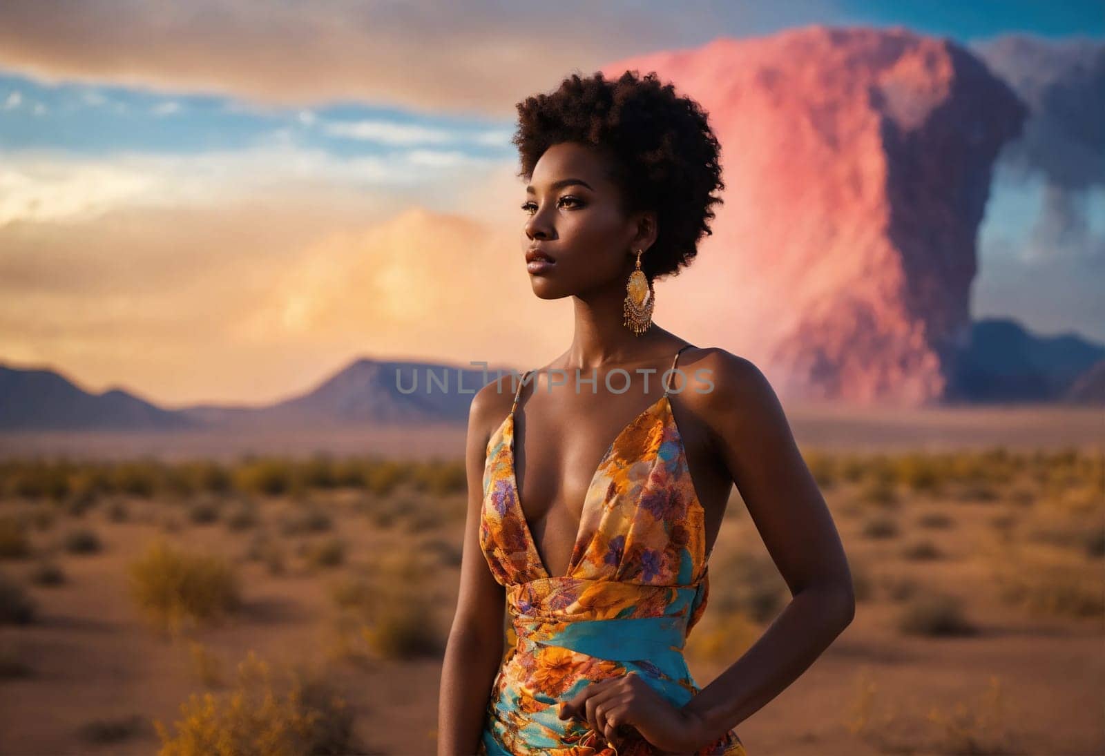 fashion photo of beautiful woman in a long luxurious dress posing. ai generative.