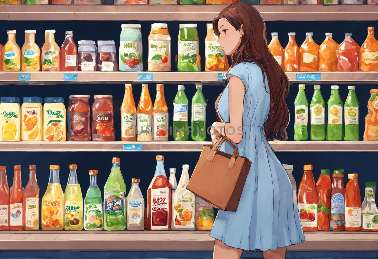The beautiful woman is looking at the shelves to buy something from the supermarket. ai generative.