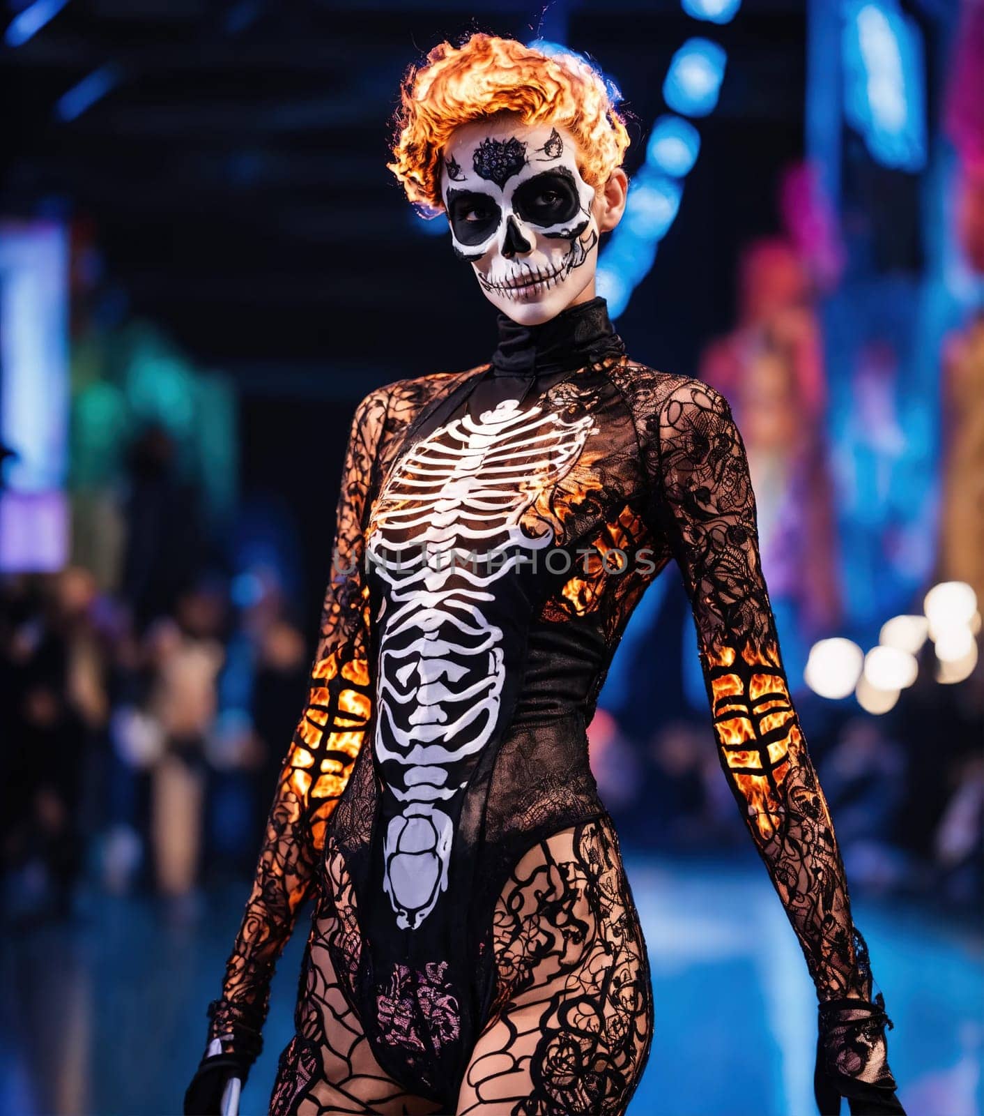 Beautiful young woman in skeleton costume posing. ai generative.