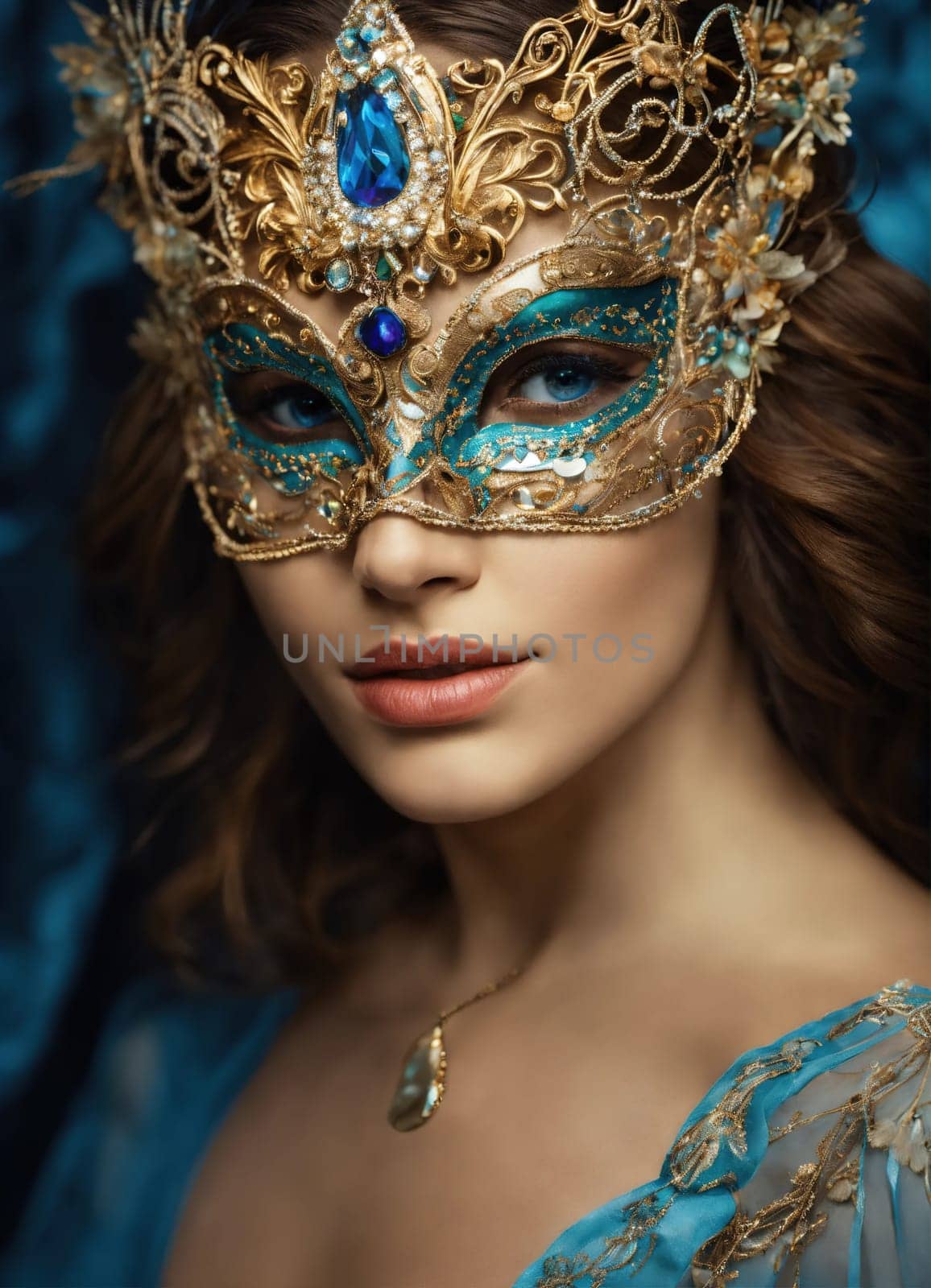 Beautiful young woman in a Venetian mask at the masquerade. ai generative.