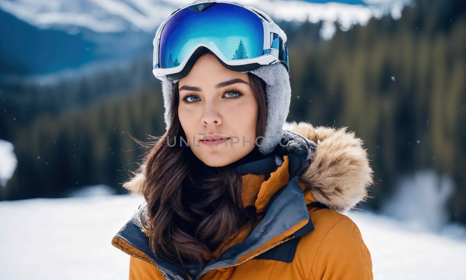 a woman wearing ski goggles and a jacket. ai generative.