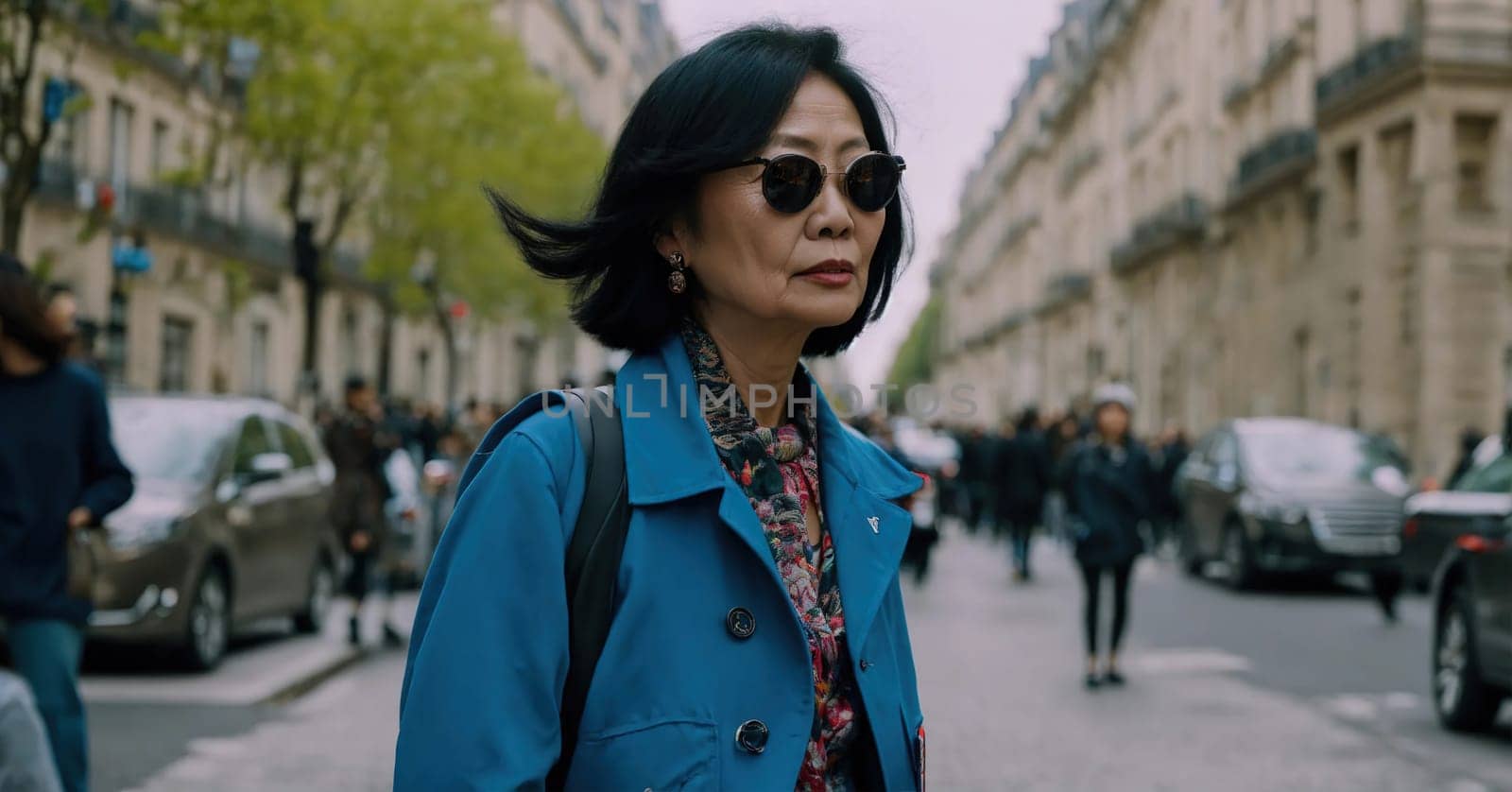 60 year old Asian female model in Paris Fashion Week. ai generative.