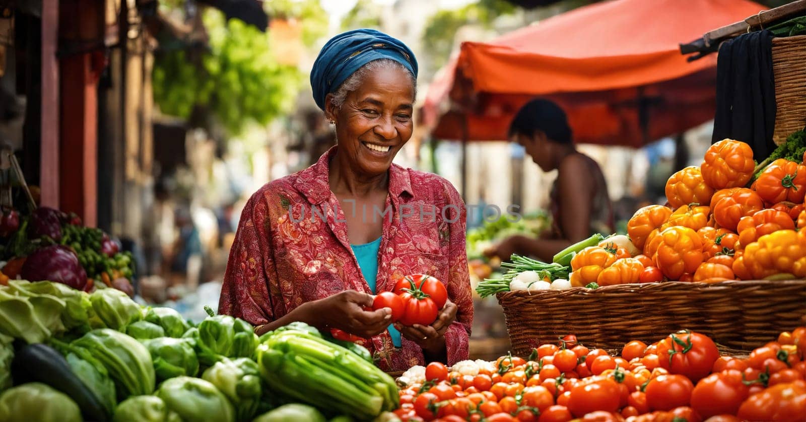 Young african woman at the local market buying fruits and vegetables. ai generative.