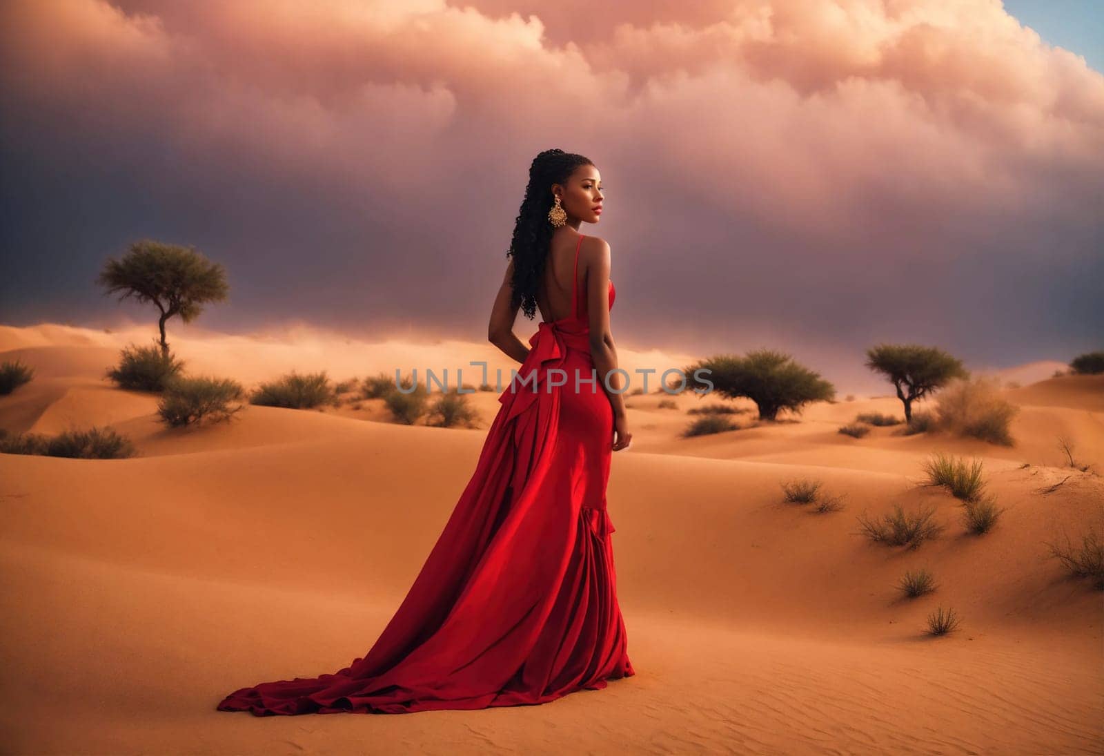 fashion photo of beautiful woman in a long luxurious dress posing. ai generative.