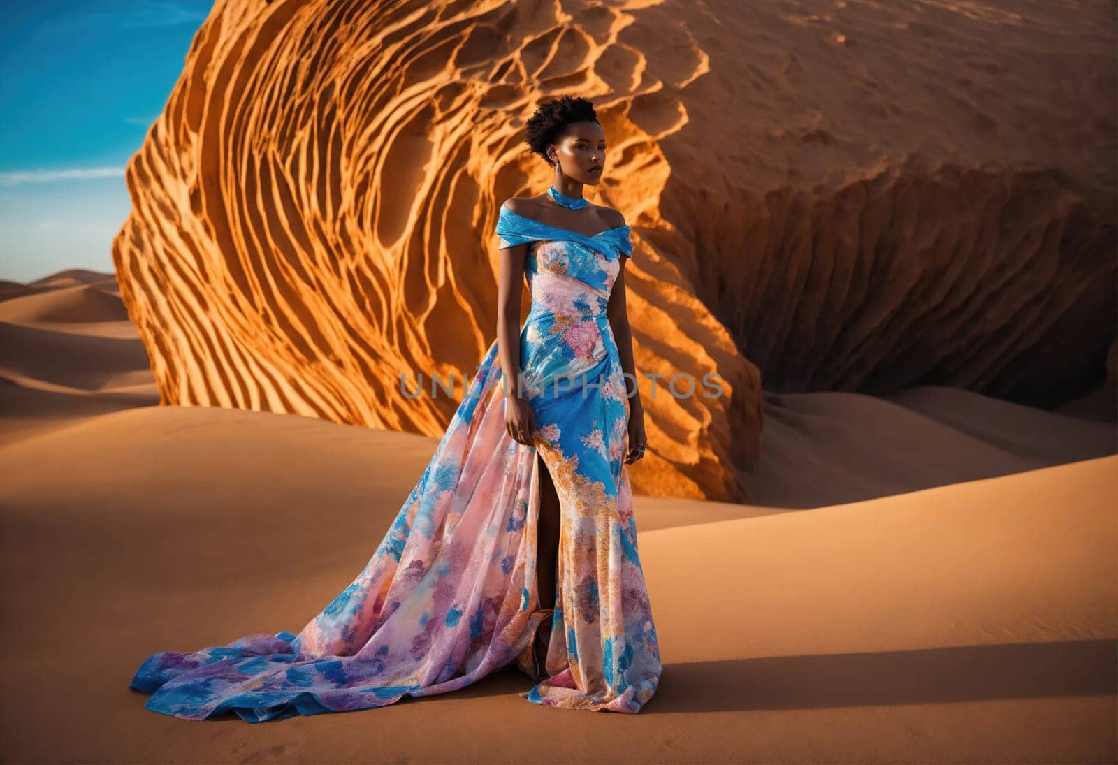 fashion photo of beautiful woman in a long luxurious dress posing. ai generative.