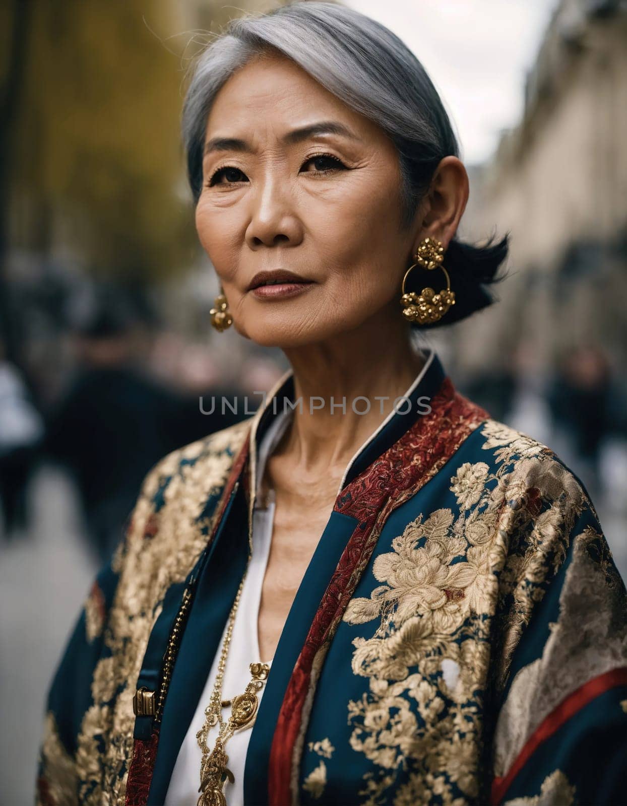 60 year old Asian female model in Paris Fashion Week. ai generative.