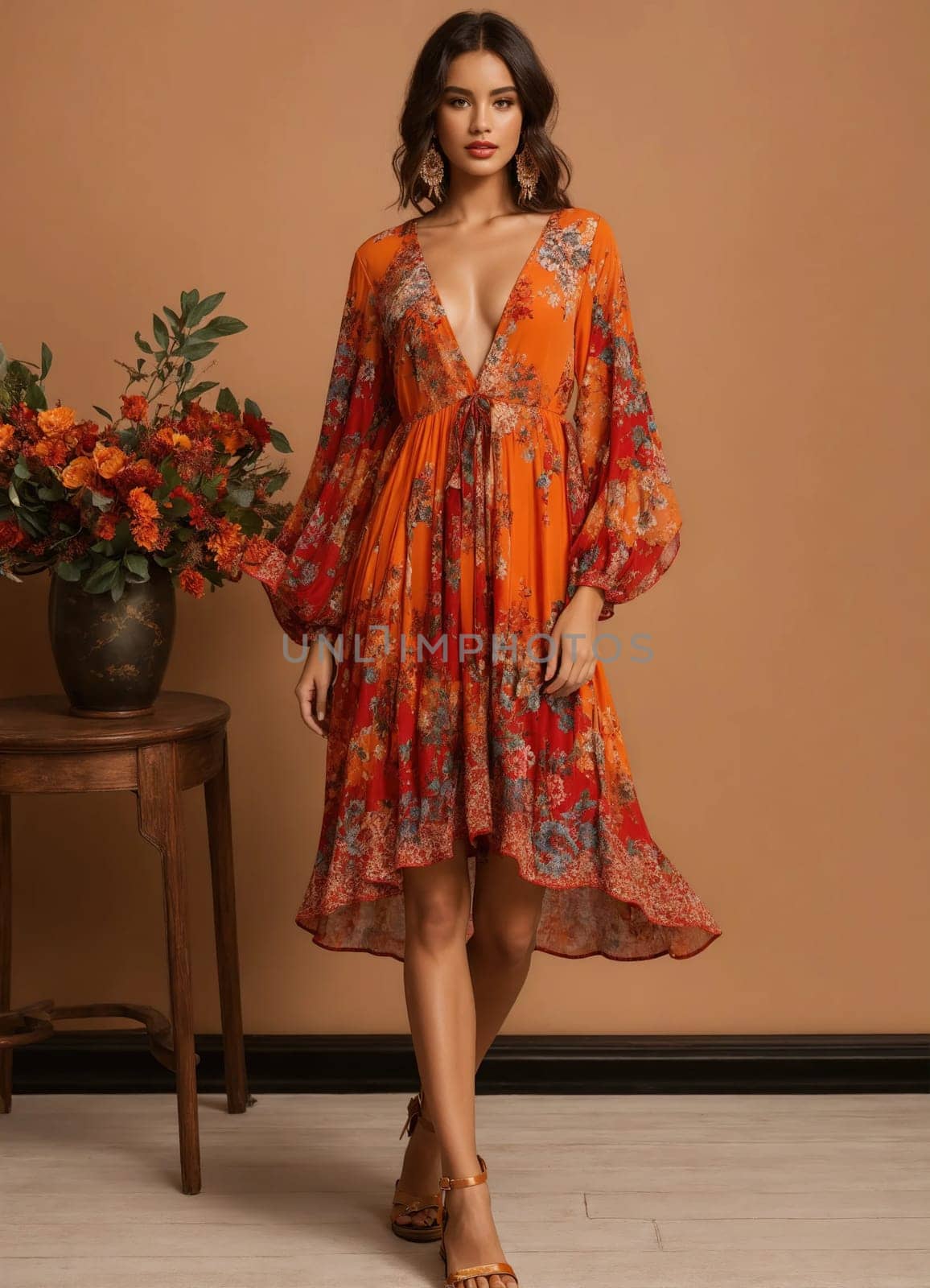 Fashionable evening orange summer dress on a mannequin. ai generative. ai generative.