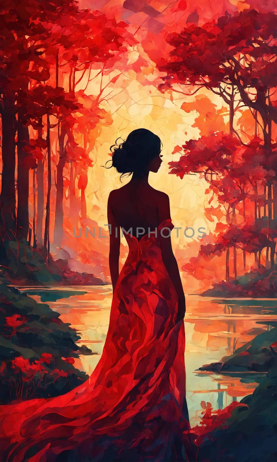 Fashion art portrait of a beautiful woman in a red dress. ai generative.
