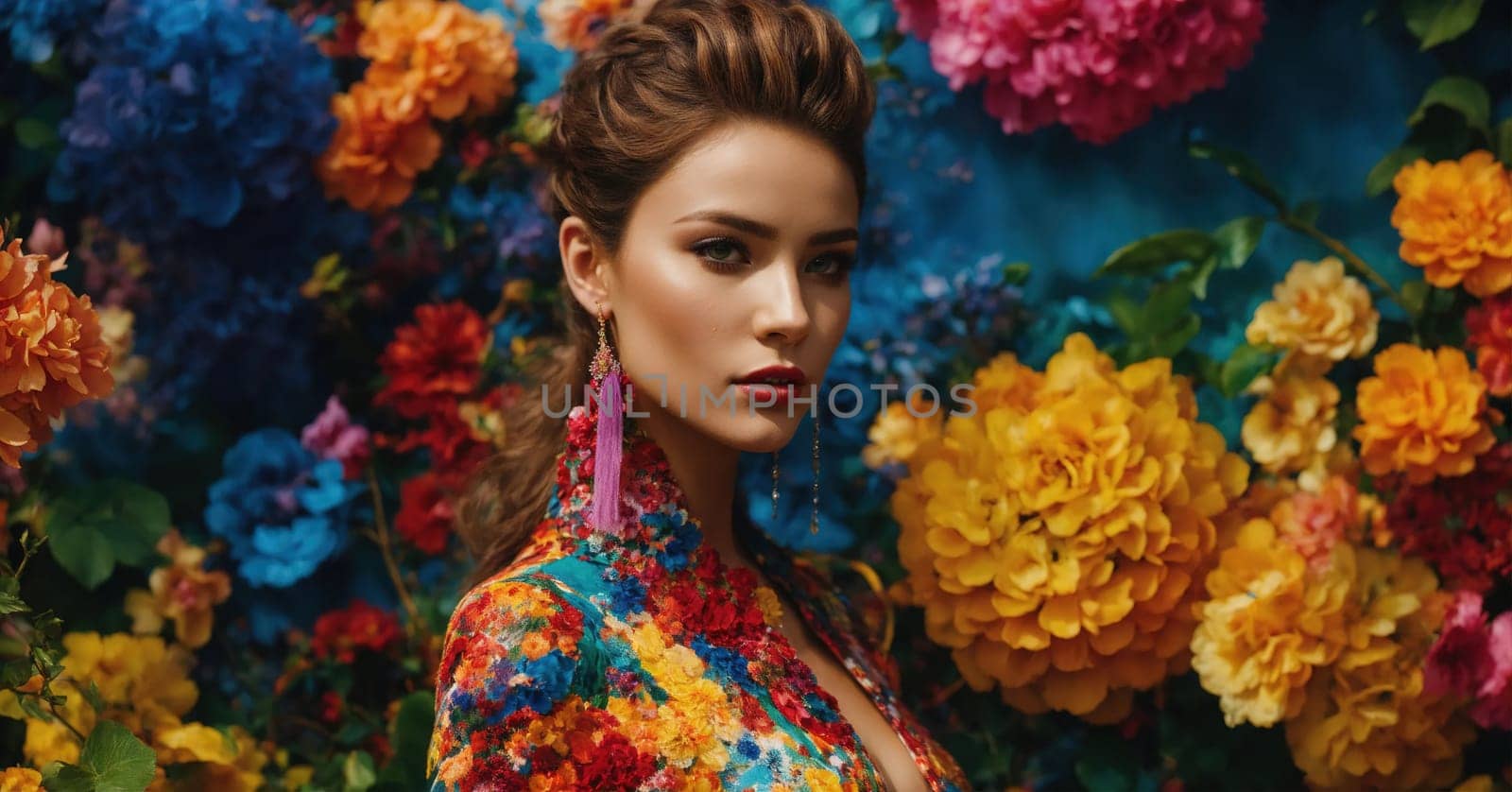 fashion photo of beautiful woman in a long luxurious dress posing. ai generative.