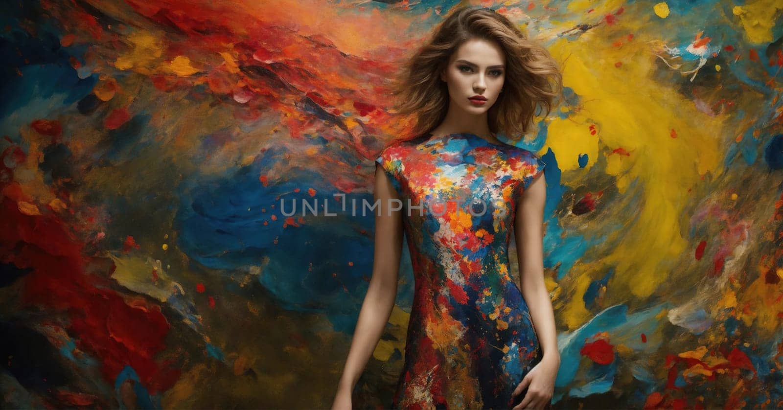 fashion photo of beautiful woman in a long luxurious dress posing. ai generative.