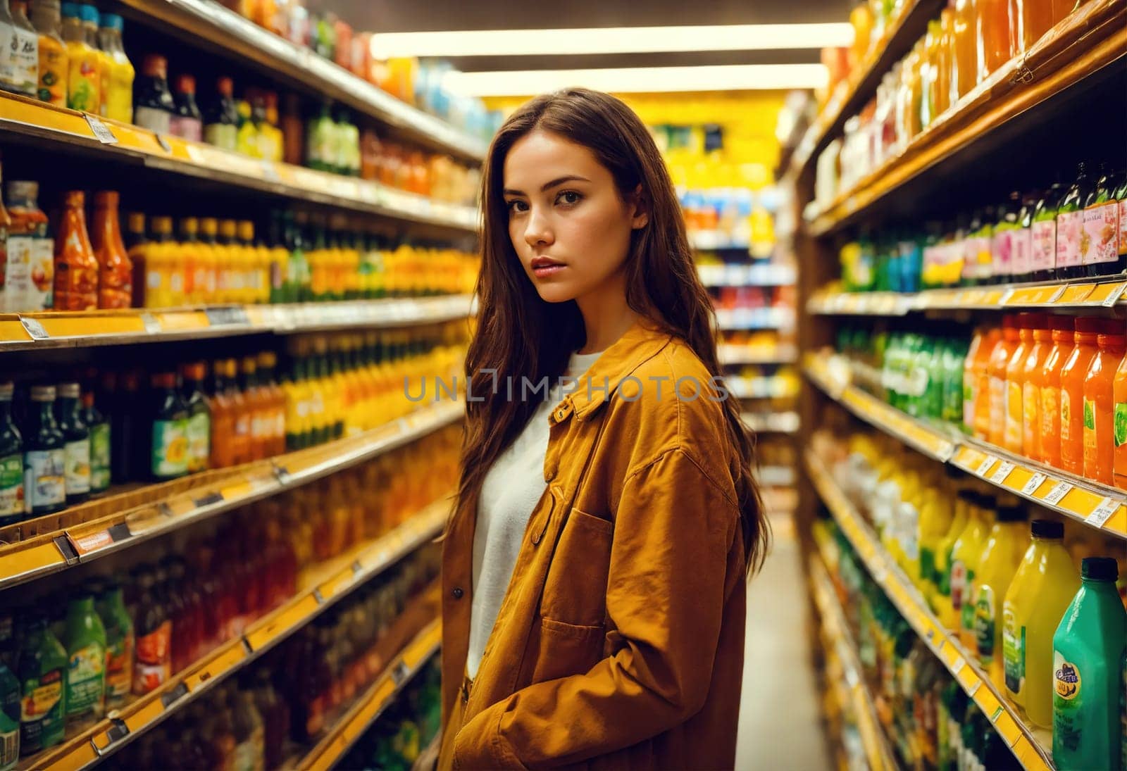 The beautiful woman is looking at the shelves to buy something from the supermarket. ai generative.