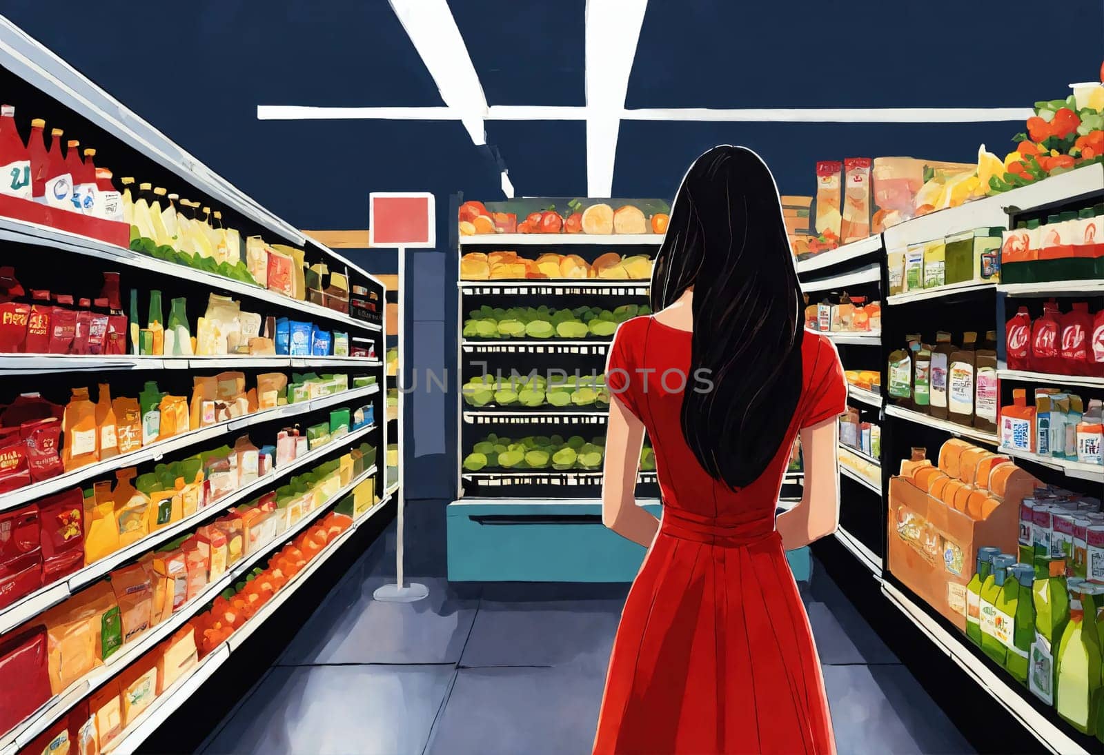 The beautiful woman is looking at the shelves to buy something from the supermarket. ai generative.