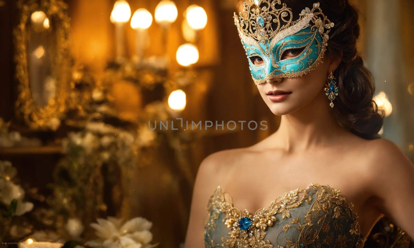 Beautiful young woman in a Venetian mask at the masquerade. ai generative.