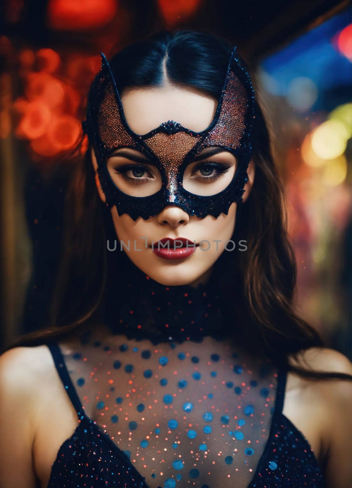 Portrait of a beautiful young woman with bright make up and Venetian mask. ai generative.