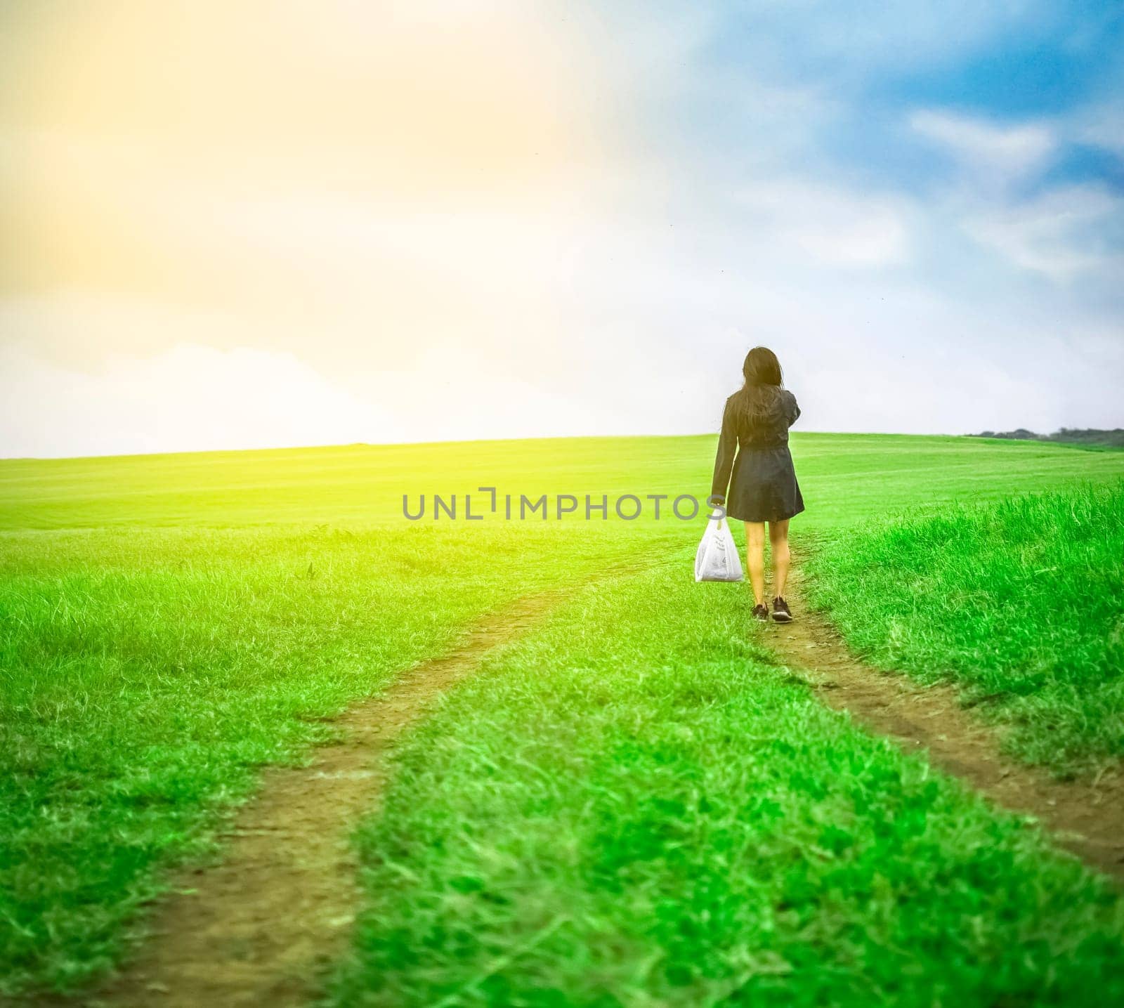 woman walking in the field with shopping bags, woman walking on a road in the field
