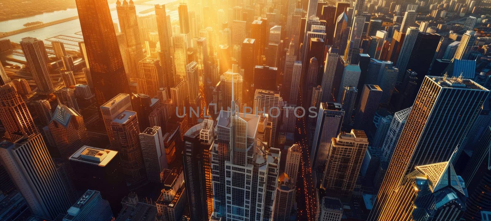 Aerial view of a big city with skyscrapers at sunset. Panorama of downtown. AI Generated.