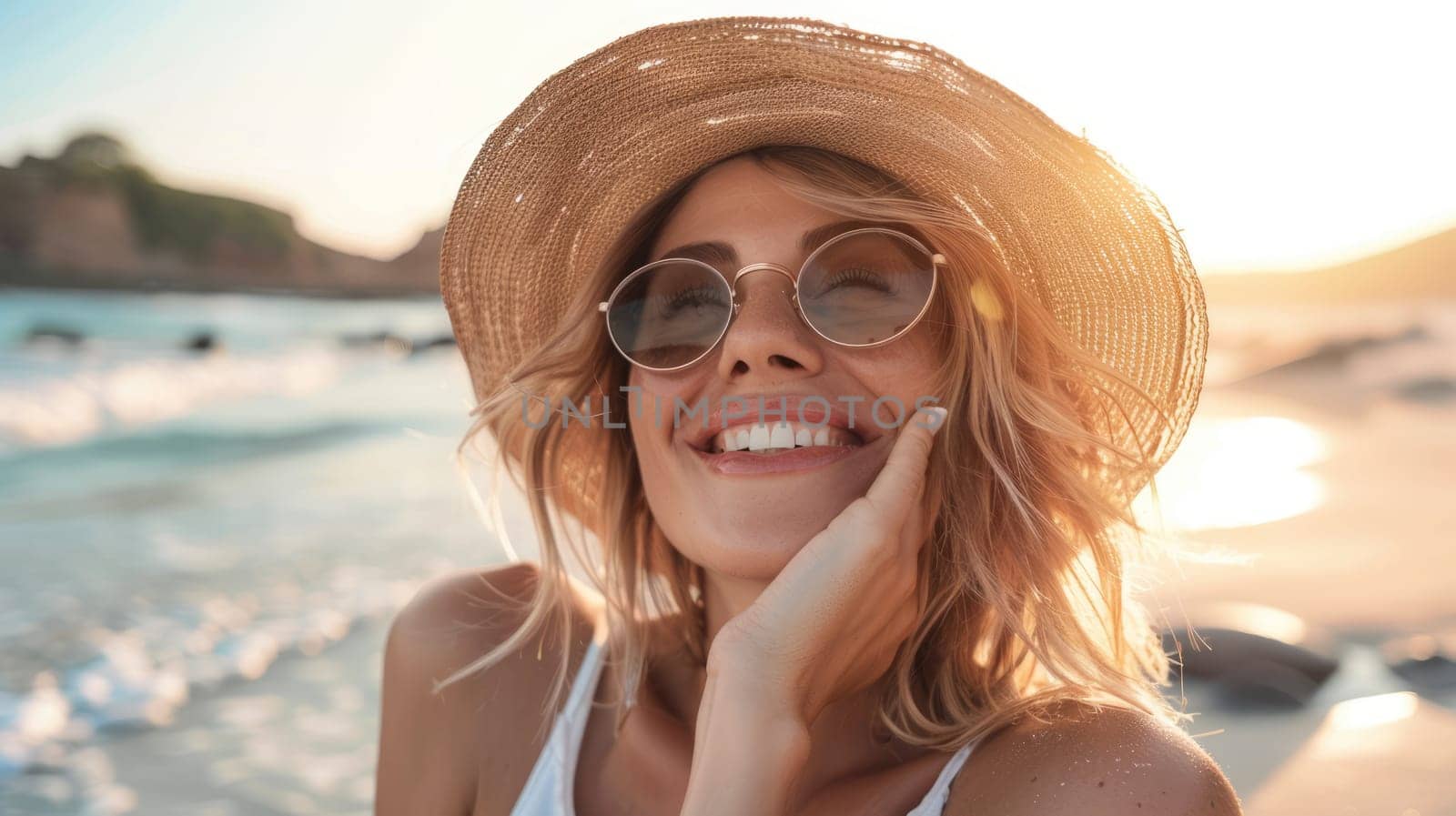 Pretty happy smiling young woman wearing a hat and sunglasses on the sea beach. AI Generated.