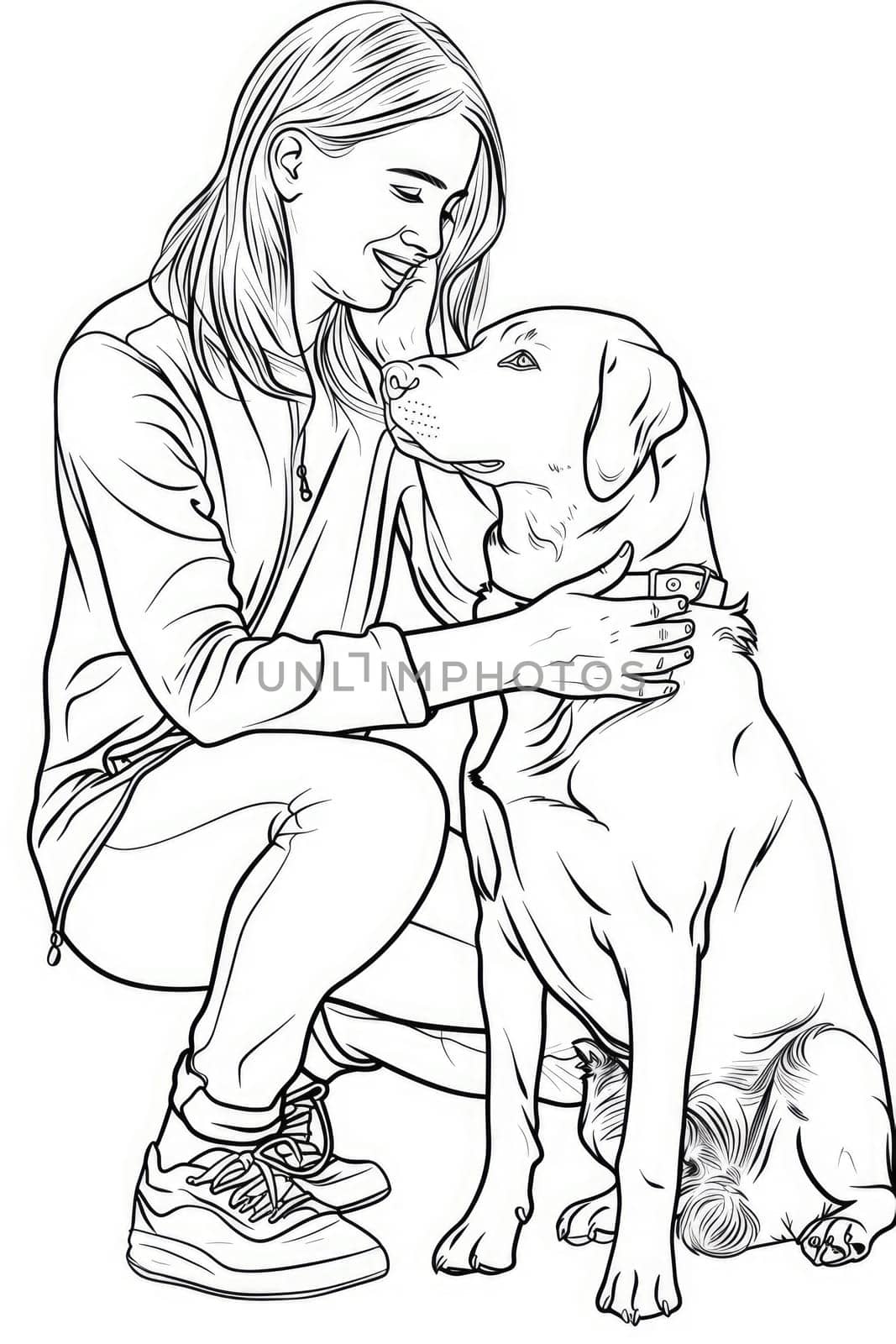Teenage girl with a dog coloring page for children. Black and white picture. AI Generated.