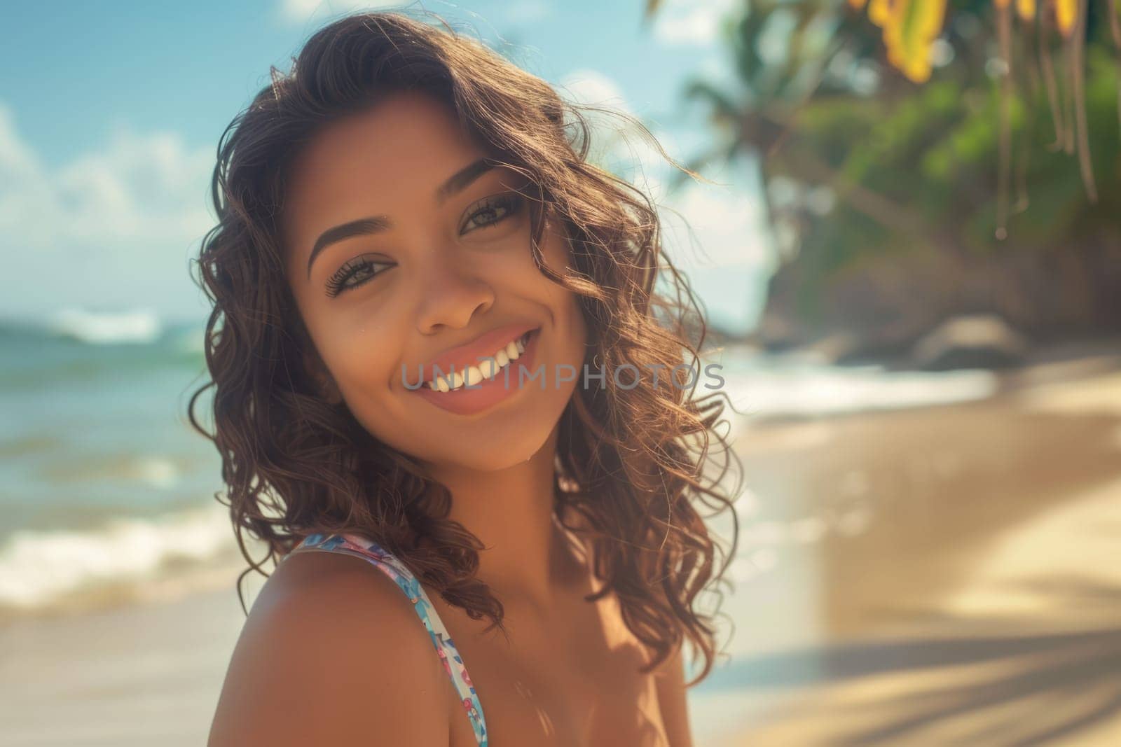 Beautiful happy smiling Hispanic young woman on the tropical beach. AI Generated.