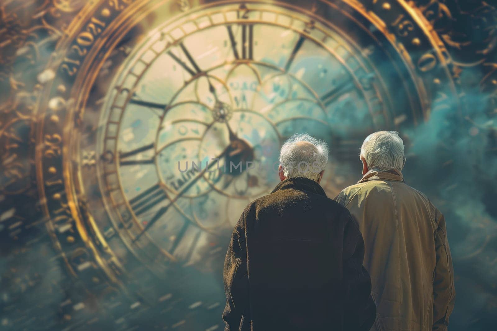 Concept of life passing. Fantasy image of two old people looking at huge clock. AI generated.
