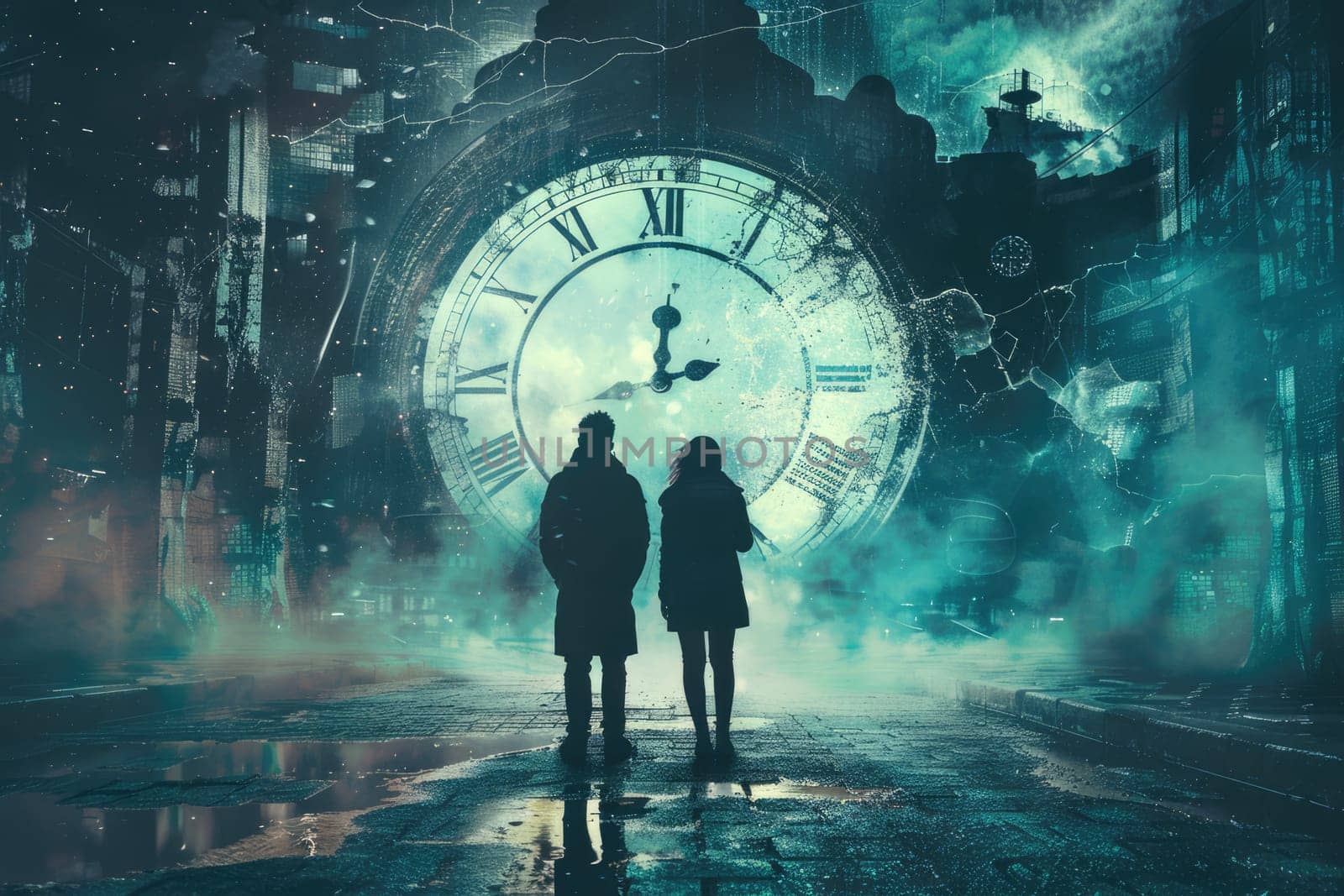 Concept of time passing. Apocalyptic image of a couple looking at the clock. Losing time. AI Generated.